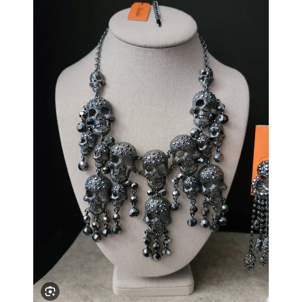 Natasha couture pave dangle black rhinestone skull collar necklace & earrings